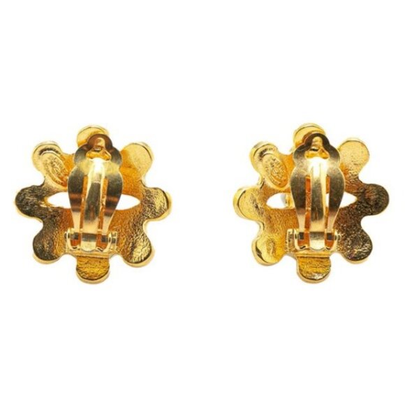 CHANEL CC Logos Round Flower Clip-On Earrings Gold Tone 94P Auth w/Box #4648 - Picture 3 of 5